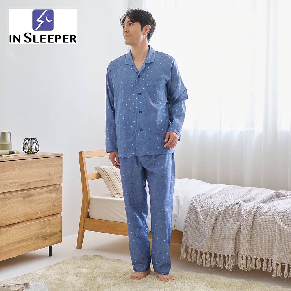 【 脇縫い目無し・綿100％】Wガーゼ 長袖長パンツ テーラーパジャマ